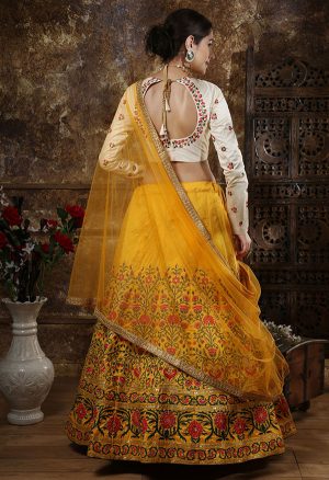 Mustured Embroidered Thai Silk Wedding Semi Stitched Lehenga