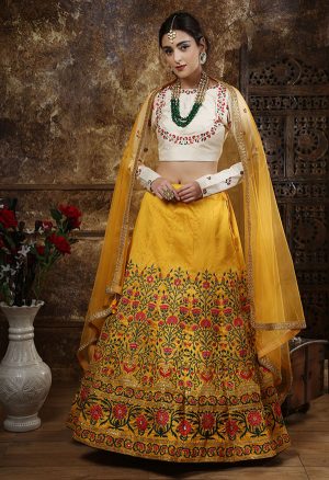 Mustured Embroidered Thai Silk Wedding Semi Stitched Lehenga