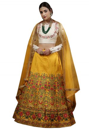 Mustured Embroidered Thai Silk Wedding Semi Stitched Lehenga