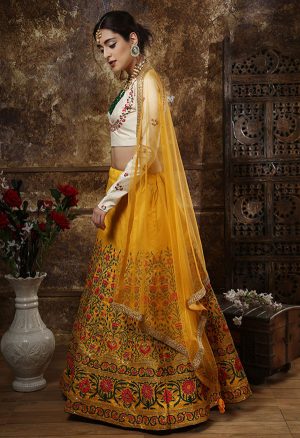 Mustured Embroidered Thai Silk Wedding Semi Stitched Lehenga