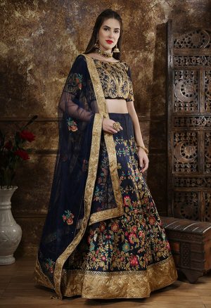 Navy Embroidered Thai Silk Wedding Semi Stitched Lehenga