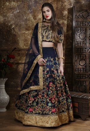 Navy Embroidered Thai Silk Wedding Semi Stitched Lehenga