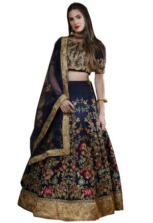 Navy Embroidered Thai Silk Wedding Semi Stitched Lehenga