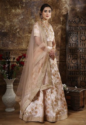 Peach Embroidered Phantom Silk Wedding Semi Stitched Lehenga