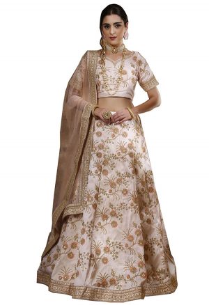 Peach Embroidered Phantom Silk Wedding Semi Stitched Lehenga