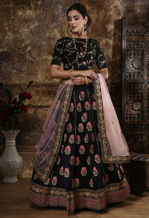 Black Embroidered Phantoom Silk Wedding & Party Wear Semi Stitched Lehenga