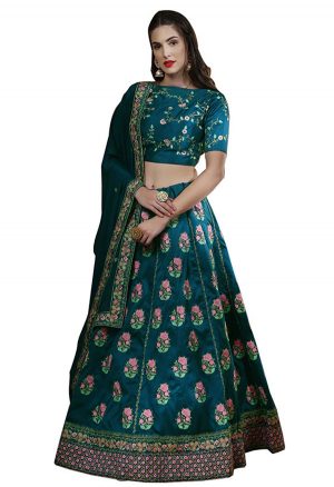 Teal Blue Embroidered Thai Silk Wedding & Party Wear Semi Stitched Lehenga