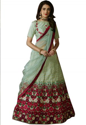 Mint Green Embroidered Thai Silk Wedding & Party Wear Semi Stitched Lehenga