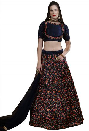 Navy Embroidered Thai Silk Wedding & Party Wear Semi Stitched Lehenga