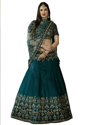 Teal Green Embroidered Taffeta Satin Wedding & Party Wear Semi Stitched Lehenga