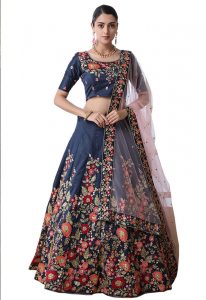 Navy Blue Embroidered Art Silk Wedding & Party Wear Semi Stitched Lehenga