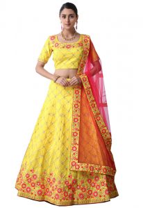 Yellow Embroidered Art Silk Wedding & Party Wear Semi Stitched Lehenga