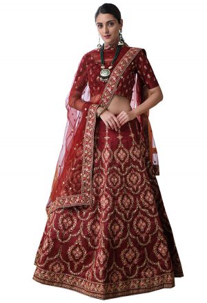 Maroon Embroidered Art Silk Wedding & Party Wear Semi Stitched Lehenga