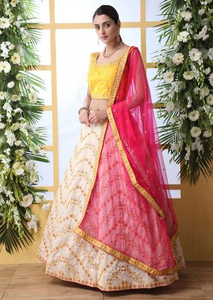 Off White Embroidered Art Silk Wedding & Party Wear Semi Stitched Lehenga