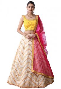 Off White Embroidered Art Silk Wedding & Party Wear Semi Stitched Lehenga