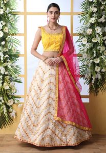 Off White Embroidered Art Silk Wedding & Party Wear Semi Stitched Lehenga