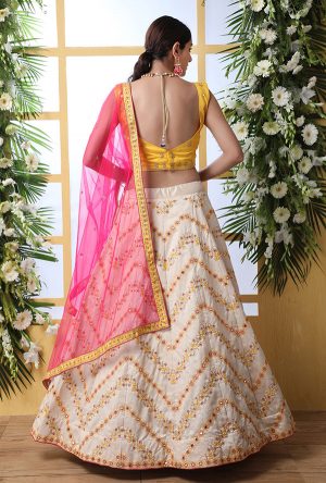 Off White Embroidered Art Silk Wedding & Party Wear Semi Stitched Lehenga