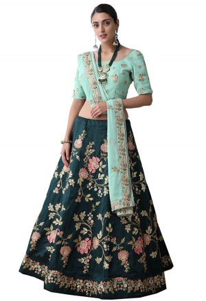 Dark Green Embroidered Art Silk Wedding & Party Wear Semi Stitched Lehenga