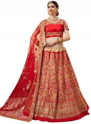Red Embroidered Malai Satin Wedding & Party Wear Semi Stitched Lehenga