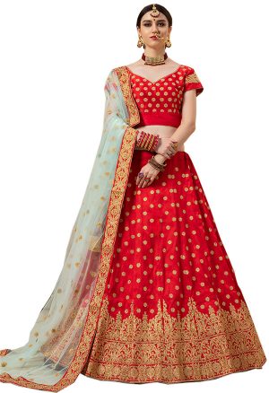 Red Zari Work Malburry Silk Wedding & Party Wear Semi Stitched Lehenga