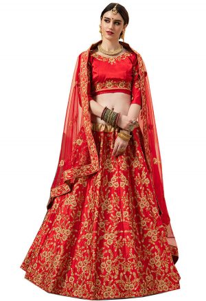Red Zari Work Malai Satin Wedding & Party Wear Semi Stitched Lehenga
