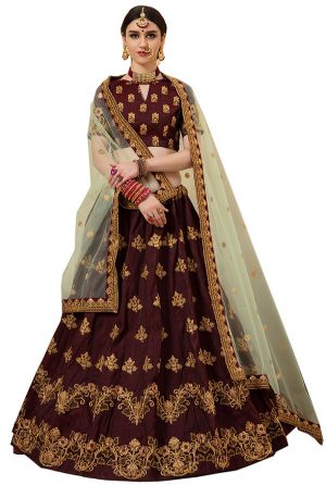 Maroon Zari Work Phantom Silk Wedding & Party Wear Semi Stitched Lehenga