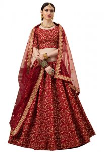 Maroon Embroidered Art Silk Wedding & Party Wear Semi Stitched Lehenga