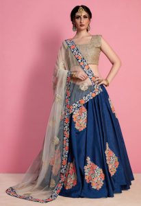 Navy Blue Embroidered Art Silk Party Wear Semi Stitched Lehenga