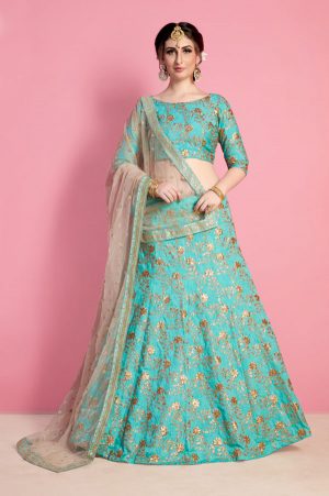 Neon Green Embroidered Art Silk Party Wear Semi Stitched Lehenga