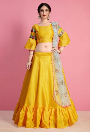 Yellow Embroidered Art Silk Party Wear Semi Stitched Lehenga