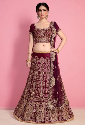 Wine Embroidered Velvet Silk Party Wear Semi Stitched Lehenga