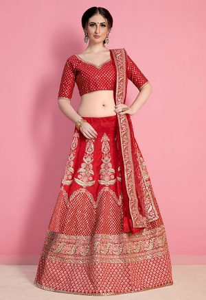 Red Embroidered Art Silk Party Wear Semi Stitched Lehenga