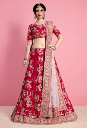Pink Embroidered Velvet Silk Party Wear Semi Stitched Lehenga