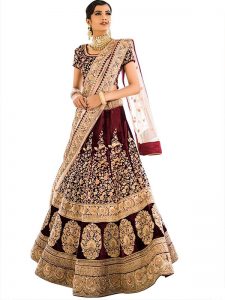 Maroon Embroidered Velvet Silk Party Wear Semi Stitched Lehenga