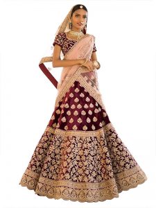 Maroon Embroidered Velvet Silk Party Wear Semi Stitched Lehenga