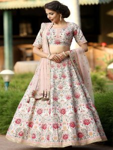 Peach Embroidered Art Silk Party Wear Semi Stitched Lehenga