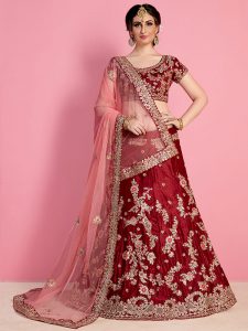 Maroon Embroidered Velvet Silk Party Wear Semi Stitched Lehenga