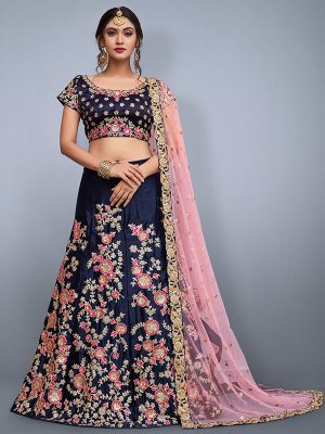 Navy Blue Embroidered Velvet Silk Party Wear Semi Stitched Lehenga