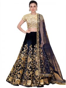 Navy Blue Embroidered Velvet Silk Party Wear Semi Stitched Lehenga