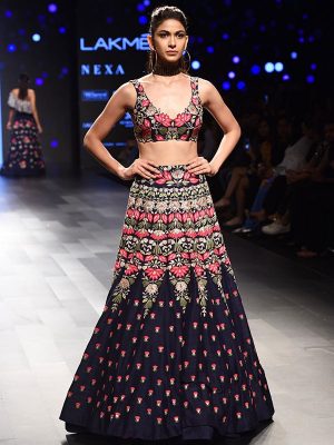 Navy Blue Embroidered Velvet Silk Party Wear Semi Stitched Lehenga