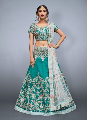 Green Embroidered Art Silk Party Wear Semi Stitched Lehenga