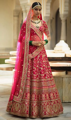 Pink Embroidered Art Silk Party Wear Semi Stitched Lehenga