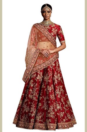 Red Embroidered Art Silk Party Wear Semi Stitched Lehenga