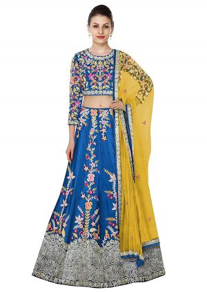 Blue Embroidered Art Silk Party Wear Semi Stitched Lehenga