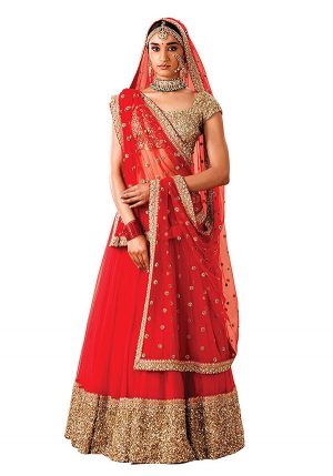 Red Embroidered Art Silk Party,Casual,Office Semi Stitched Lehenga