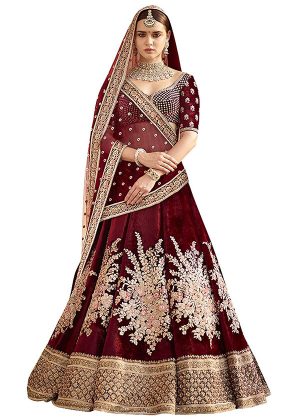 Maroon Embroidered Velvet Silk Party,Casual,Office Semi Stitched Lehenga