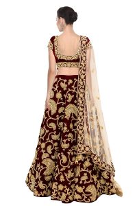 Maroon Embroidered Velvet Silk Party Wear Semi Stitched Lehenga