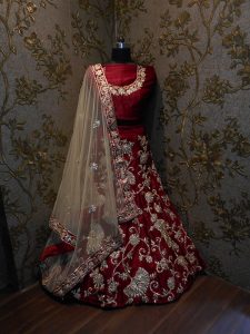 Maroon Embroidered Velvet Silk Party Wear Semi Stitched Lehenga