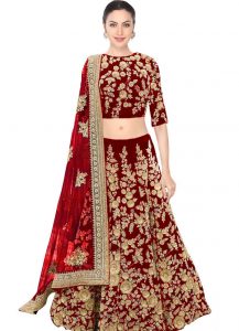 Maroon Embroidered Velvet Silk Party Wear Semi Stitched Lehenga