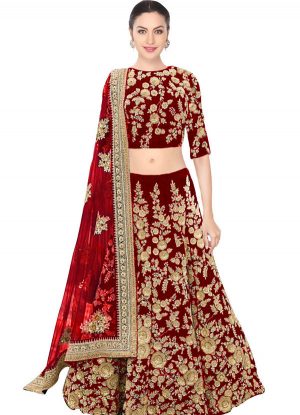 Maroon Embroidered Velvet Silk Party Wear Semi Stitched Lehenga